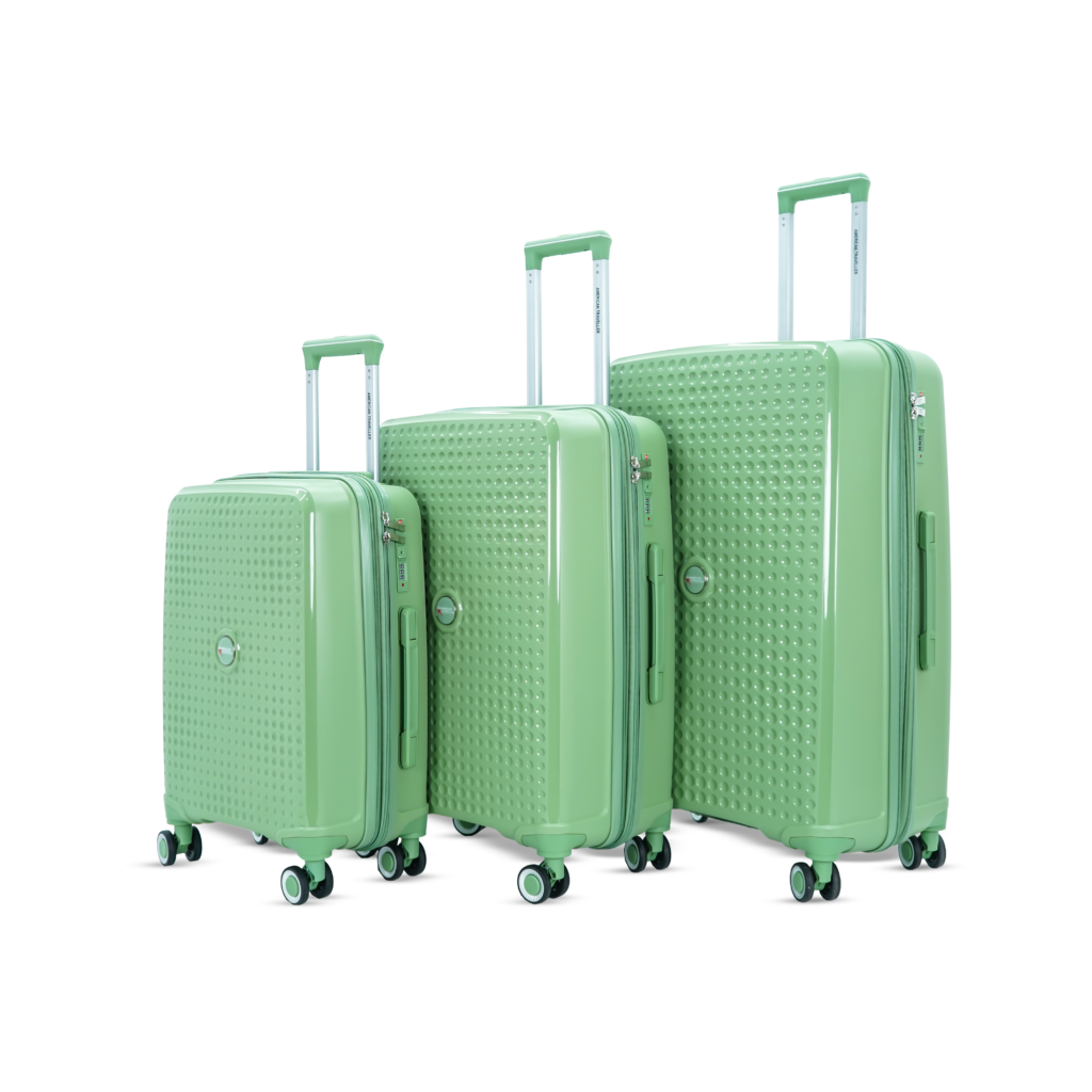 Green 3-piece trolley hard case luggage set with spinner wheels and retractable handles