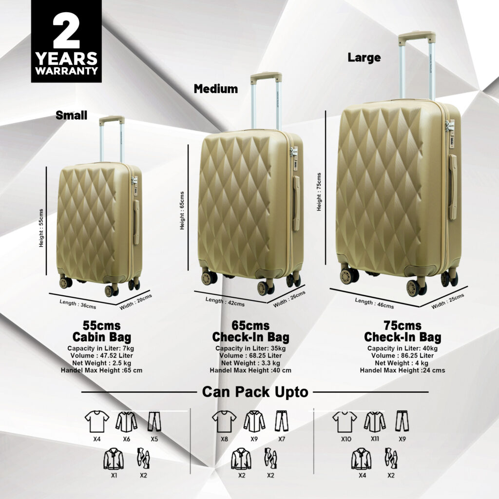 Hard trolley bag set in three sizes – 55cm cabin, 65cm medium check-in, and 75cm large check-in with 2 years warranty