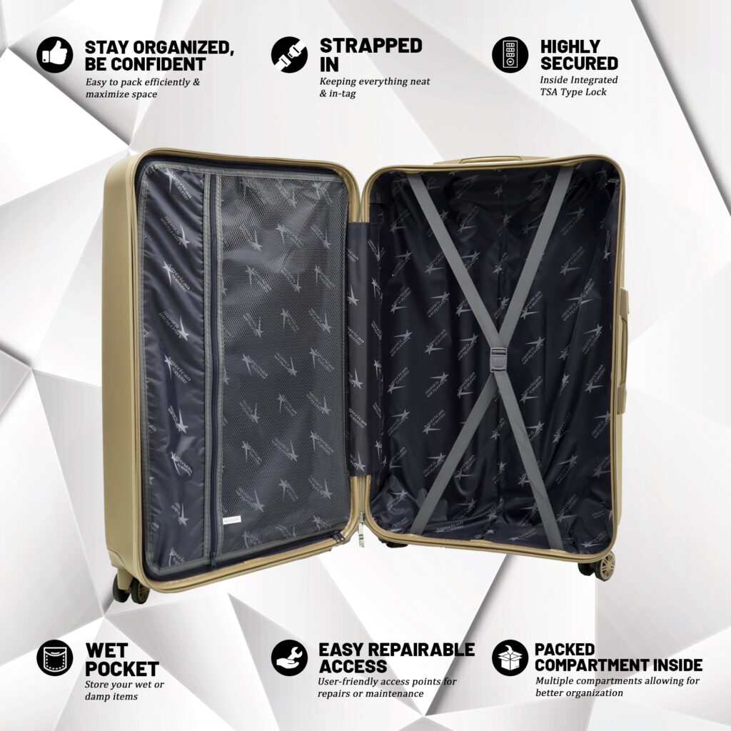 Medium size hard trolley bag with organized compartments, TSA Type lock, wet pocket, and cross-straps for secure packing
