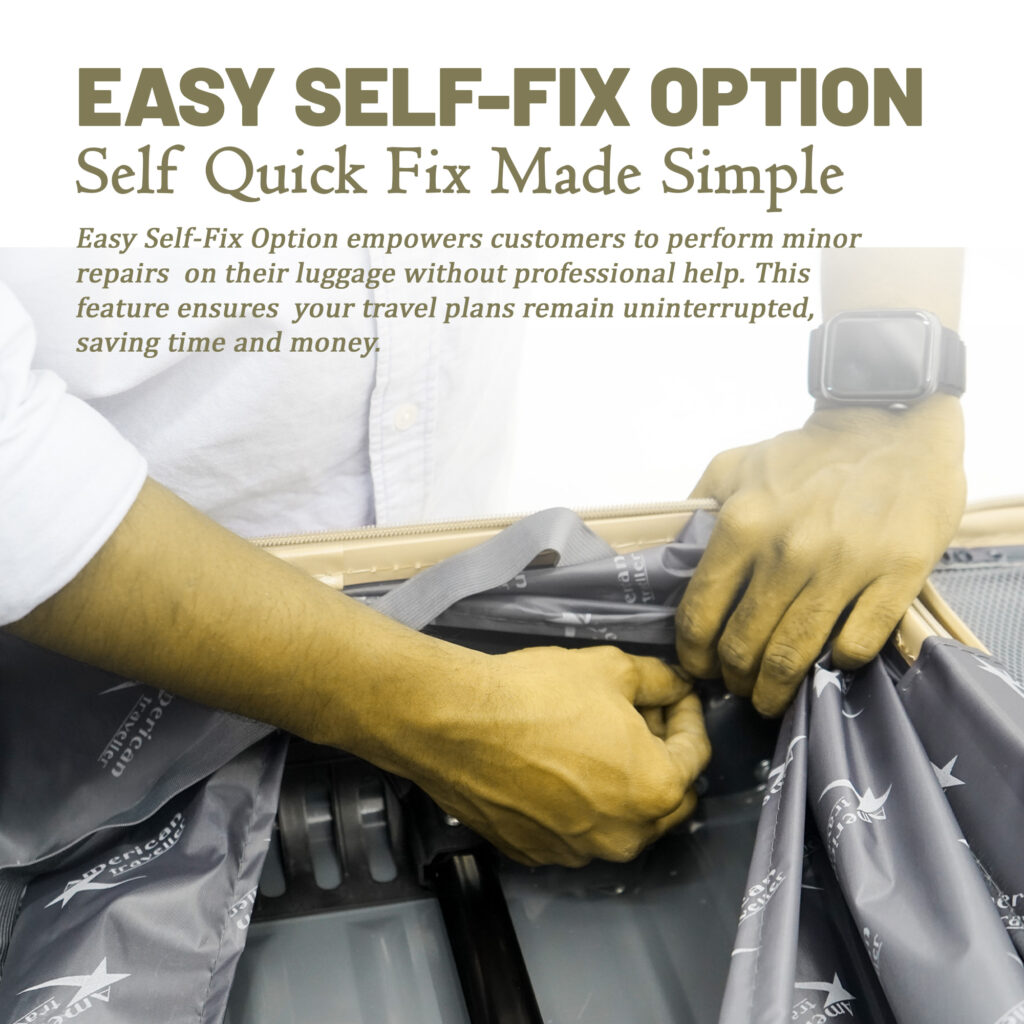 Polycarbonate trolley bag with easy self-fix option for minor repairs without professional help
