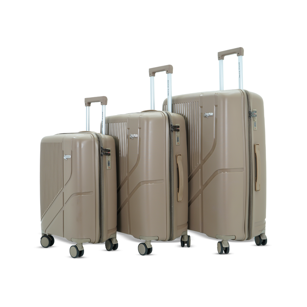 3-piece khaki trolley hard case luggage set with spinner wheels and telescopic handles.