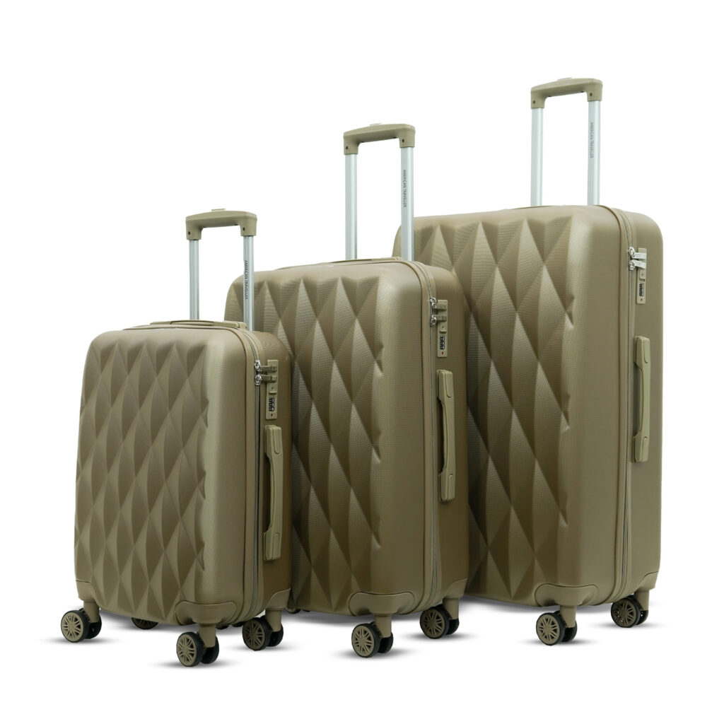 Set of 3 hard luggage trolley bags in khaki color with diamond texture design and spinner wheels