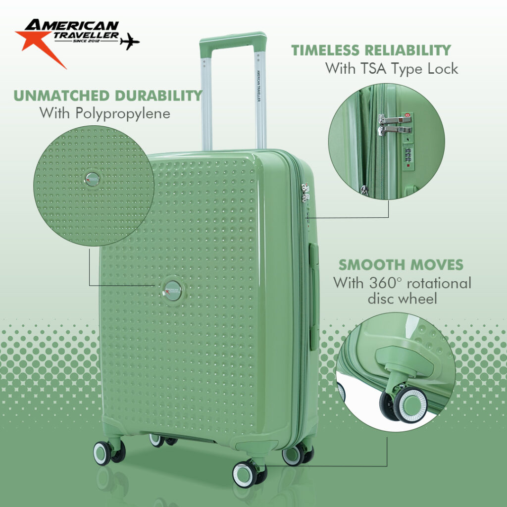 Set of three green American Traveller hard luggage trolley bags with textured surface and 360-degree wheels