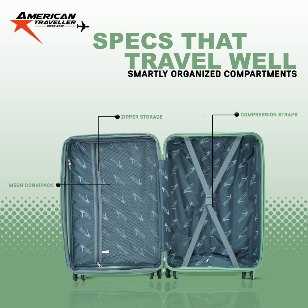 Open hard shell trolley bag showing mesh convipack, zipper storage, and compression straps for smart packing.