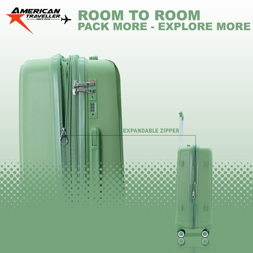 Side view of green hard luggage with expandable zipper and telescopic handle for increased packing capacity.