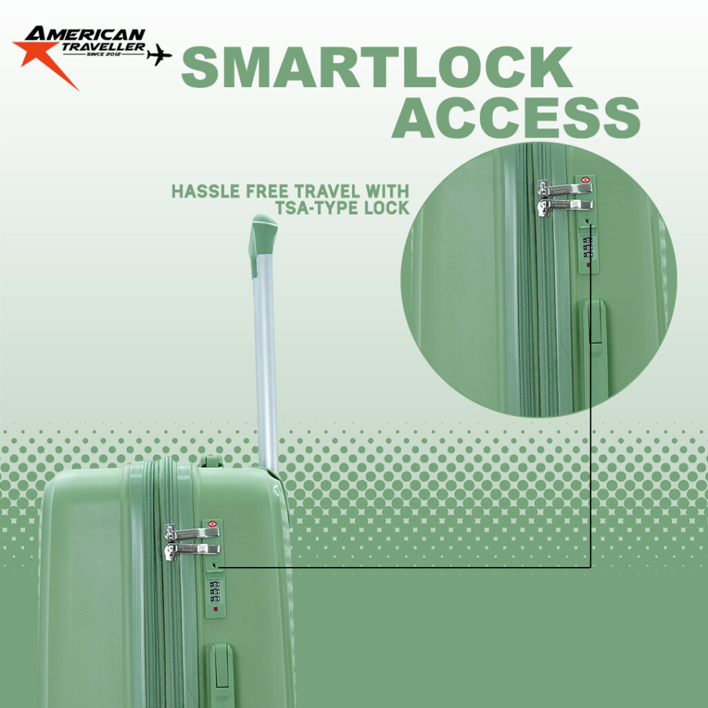 Side view of hard luggage trolley bag showing TSA-type smart lock and telescopic handle for secure travel.