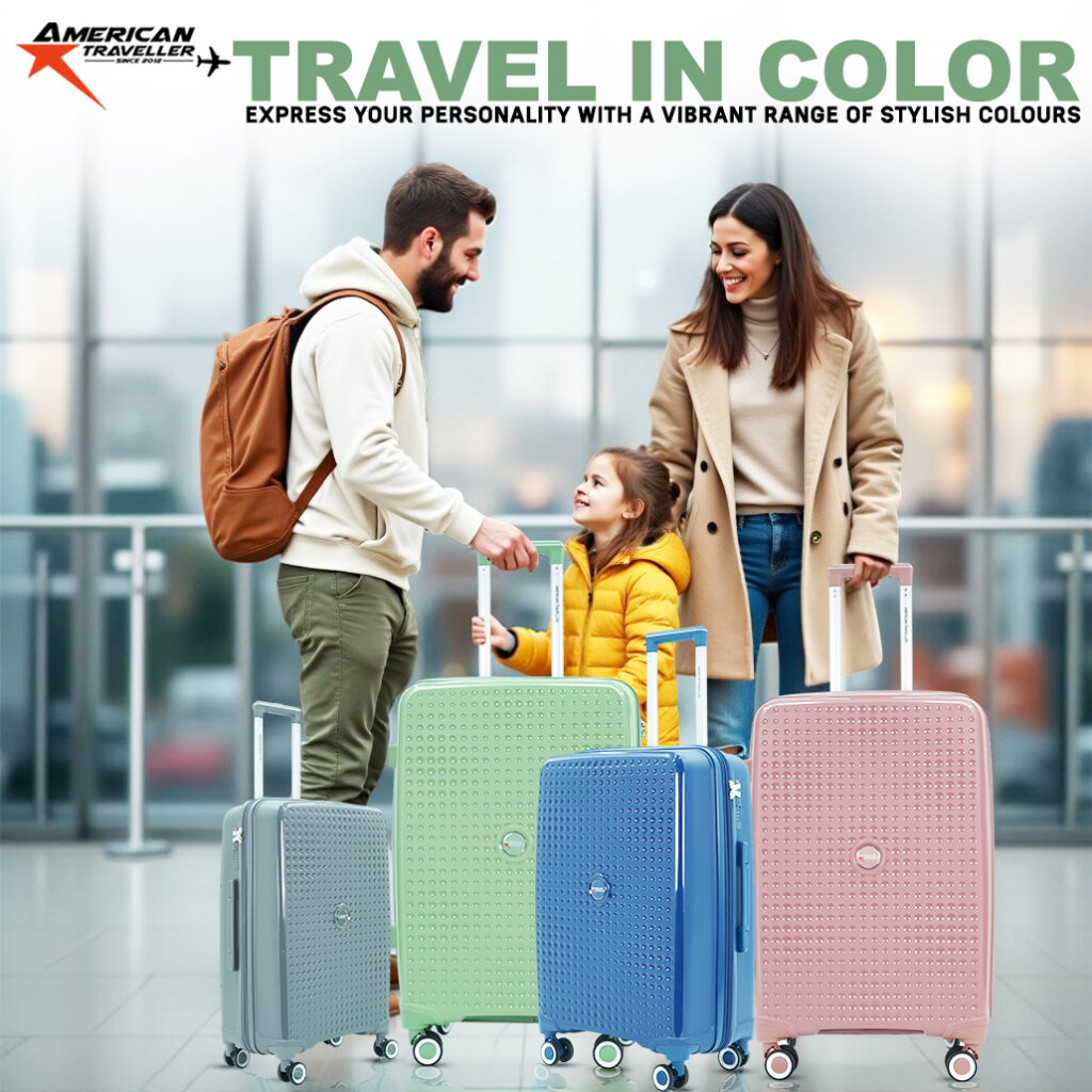 A family of three with colorful hard shell suitcases at an airport, featuring American Traveller branding and the slogan "Travel in Color."