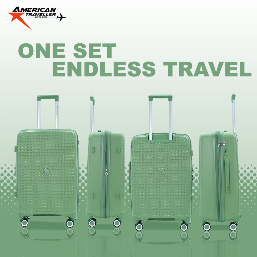 Set of four green hard shell suitcases from American Traveller, displayed upright with telescopic handles extended, featuring the slogan "One Set Endless Travel."