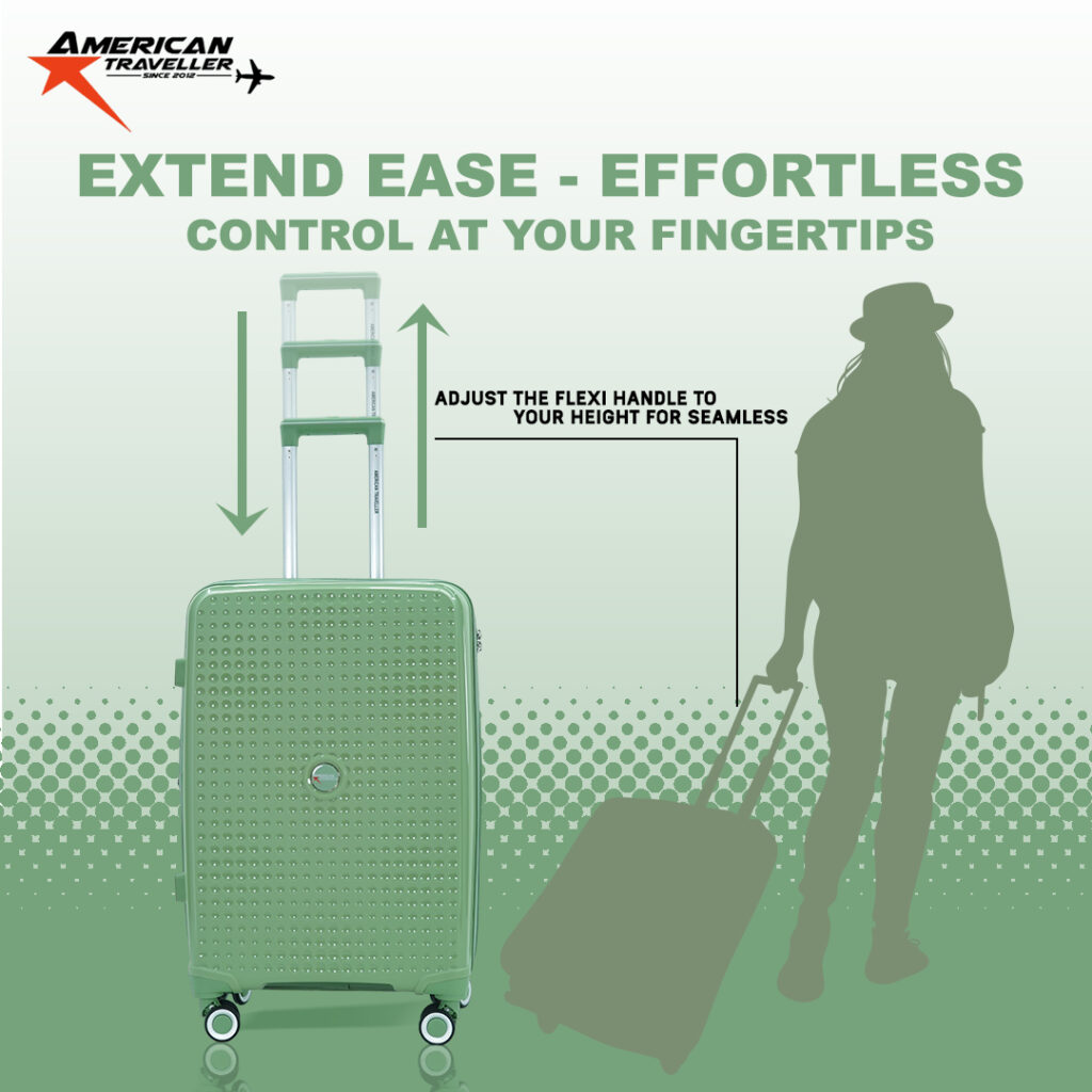Green hard trolley bag with extendable flexi handle from American Traveller, shown with adjustable handle heights and a silhouette of a traveler pulling the suitcase.
