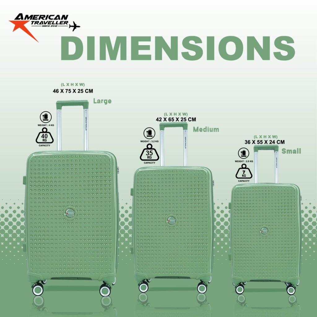 Three green American Traveller trolley hard case suitcases in large, medium, and small sizes, each with dimensions, weight, and capacity details displayed above them