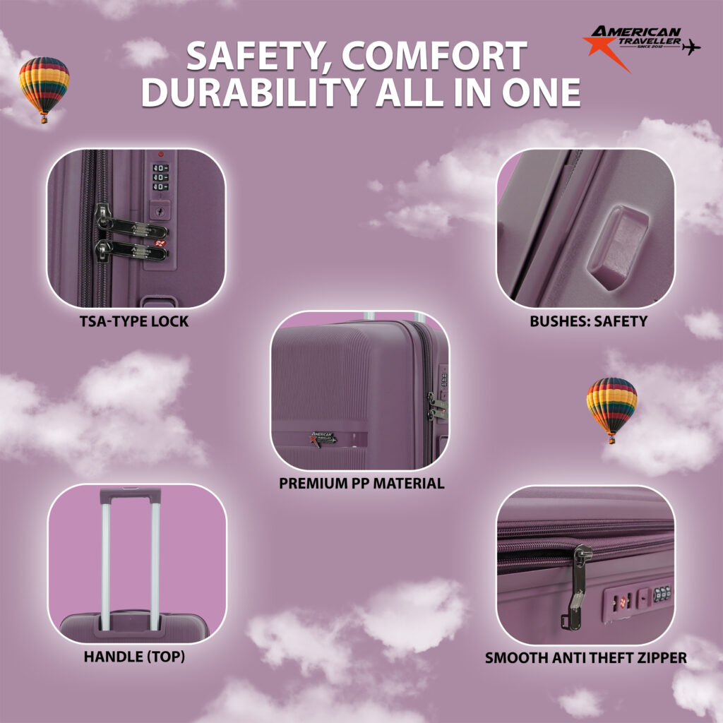Close-up of purple hard shell trolley bag by American Traveller featuring TSA-type lock, premium PP material, anti-theft zipper, reinforced bushes, and top handle