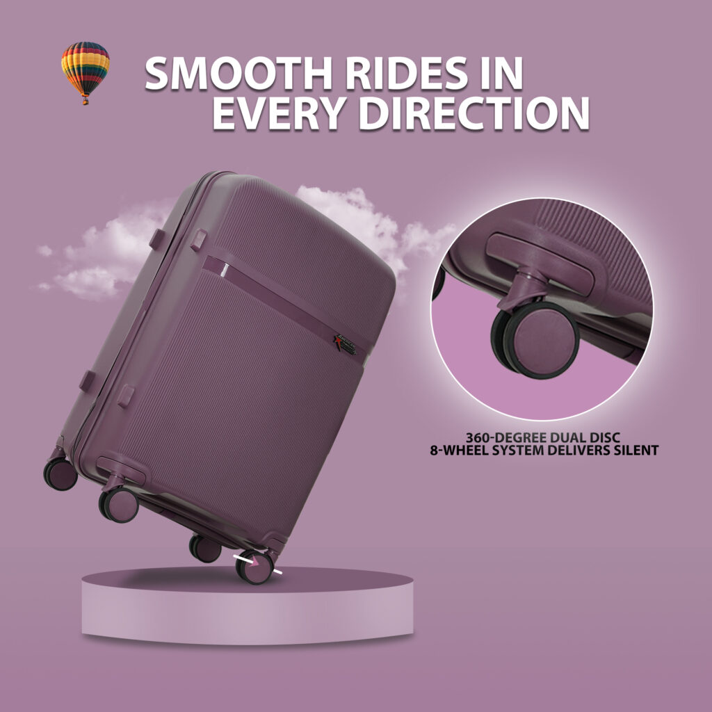 Premium purple hardcase luggage with 360-degree dual disc wheels for smooth rides in every direction