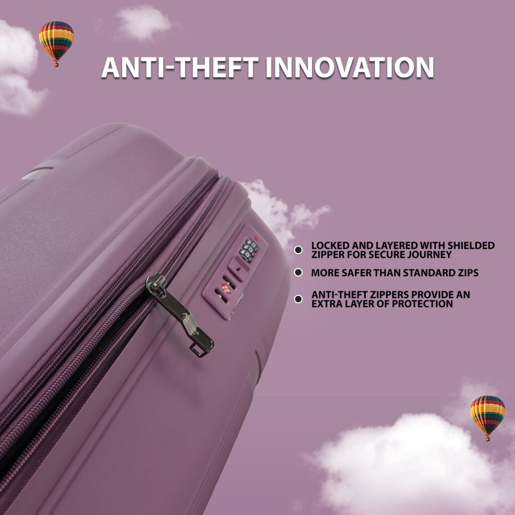 Purple hard shell suitcase with anti-theft zippers and TSA type lock for secure travel