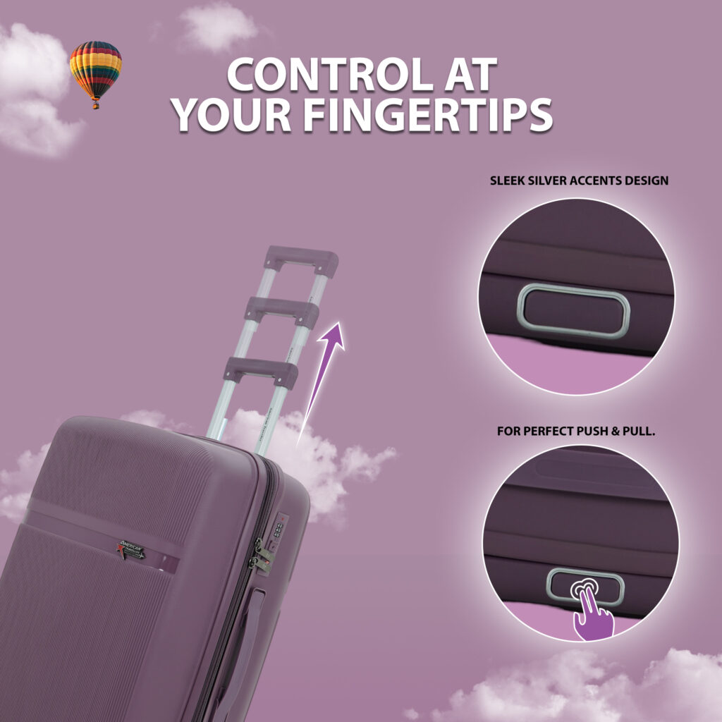 Purple hard trolley bag with telescopic handle and silver accent push-button design for easy control, set against a sky background with clouds and a hot air balloon