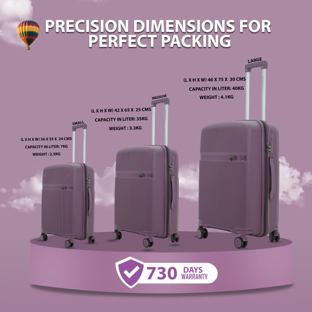Three purple trolley hard case suitcases in small, medium, and large sizes with telescopic handles, displayed on a podium with capacity, weight, and warranty details