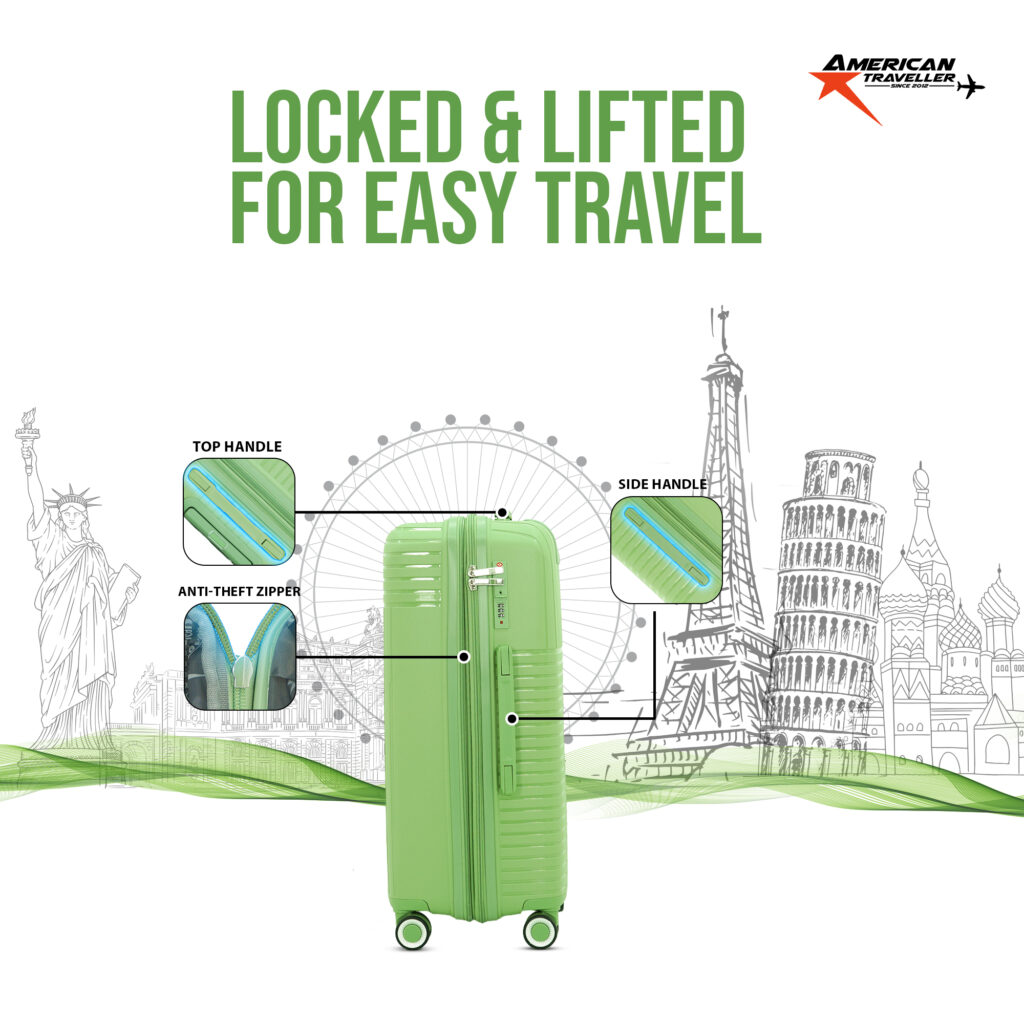 Green hard luggage with top and side handles, anti-theft zipper, and secure TSA lock – designed for safe and easy travel by American Traveller