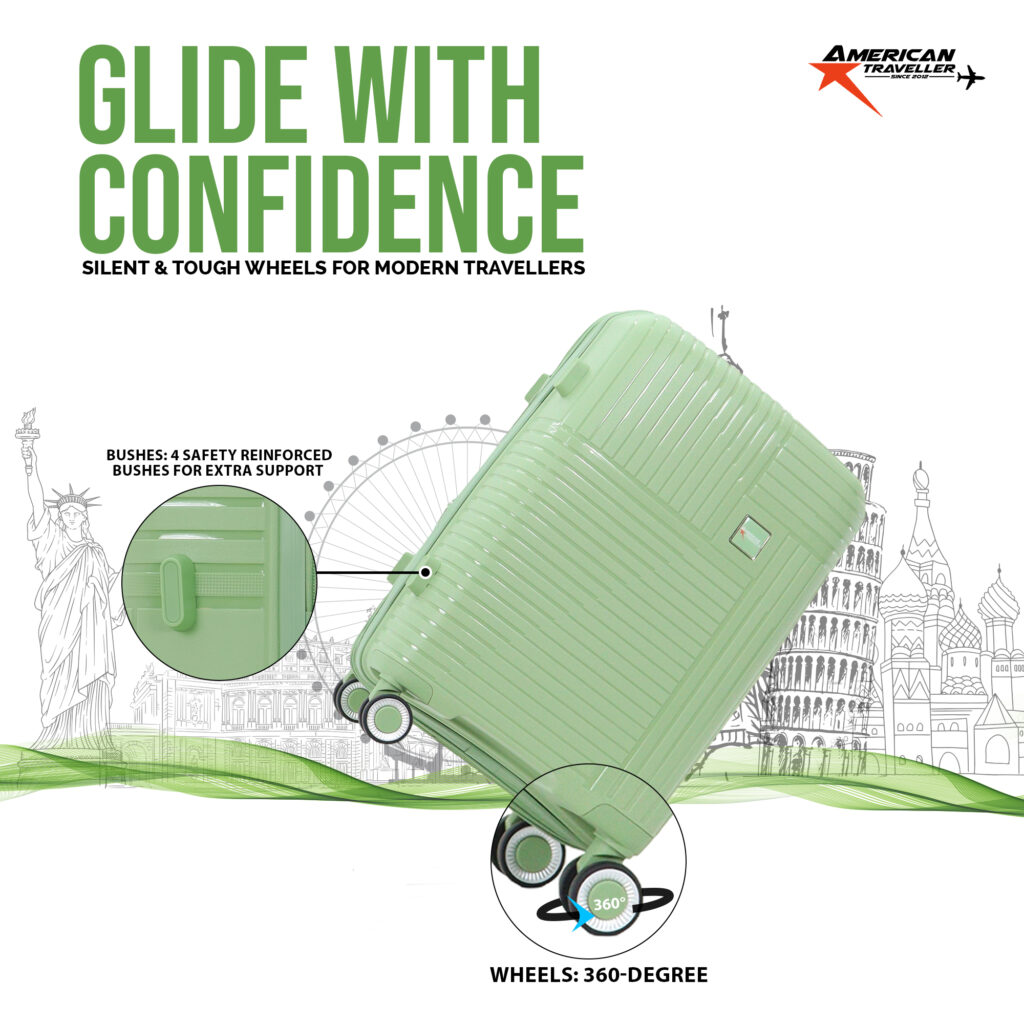 American Traveller Green Hardcase Luggage with 360-Degree Wheels