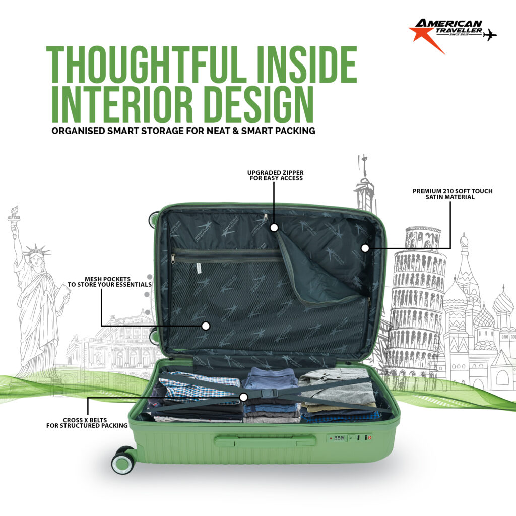 Interior Design of American Traveller Hard Shell Suitcase with Smart Storage