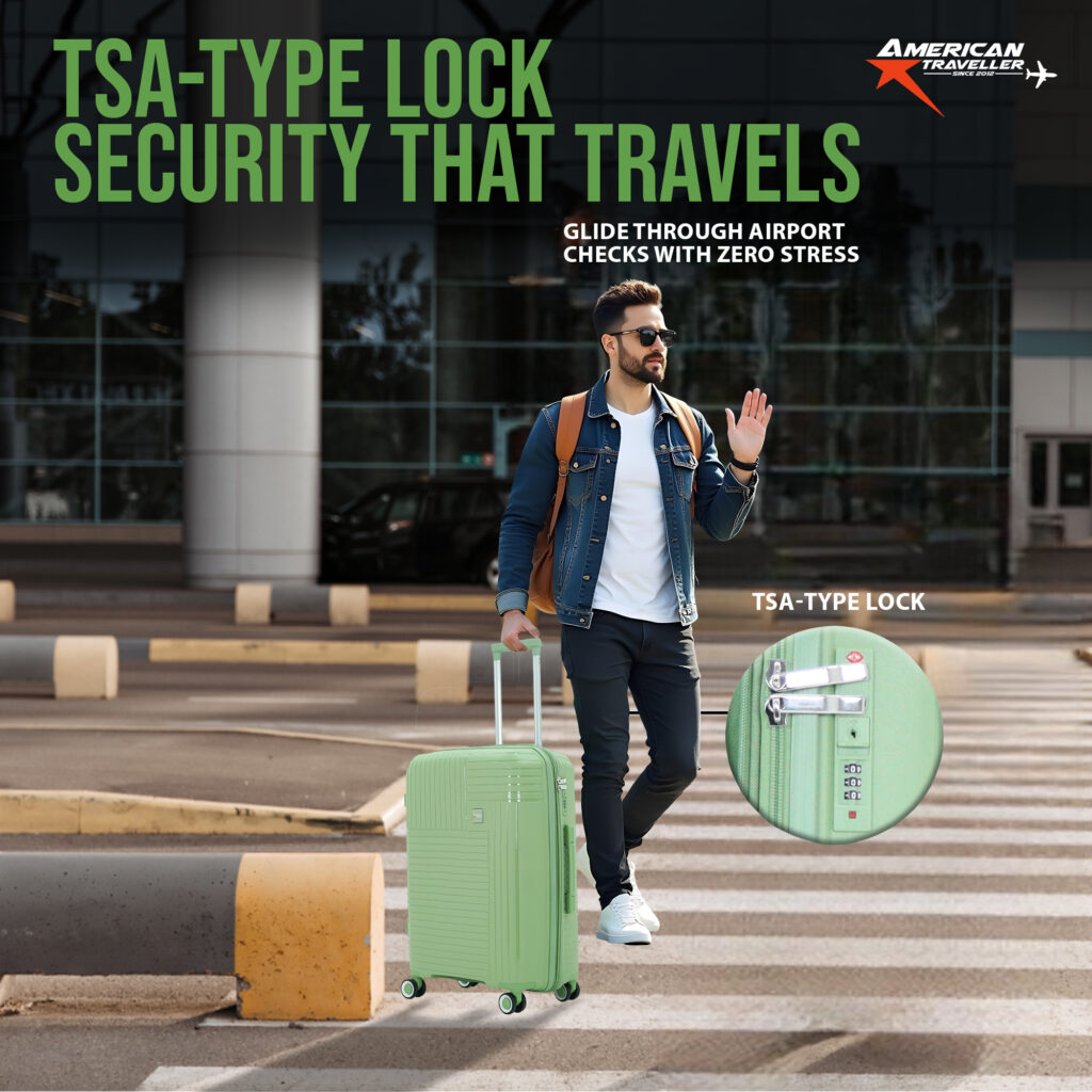 Man walking with American Traveller green hard suitcase featuring TSA-type lock for airport security