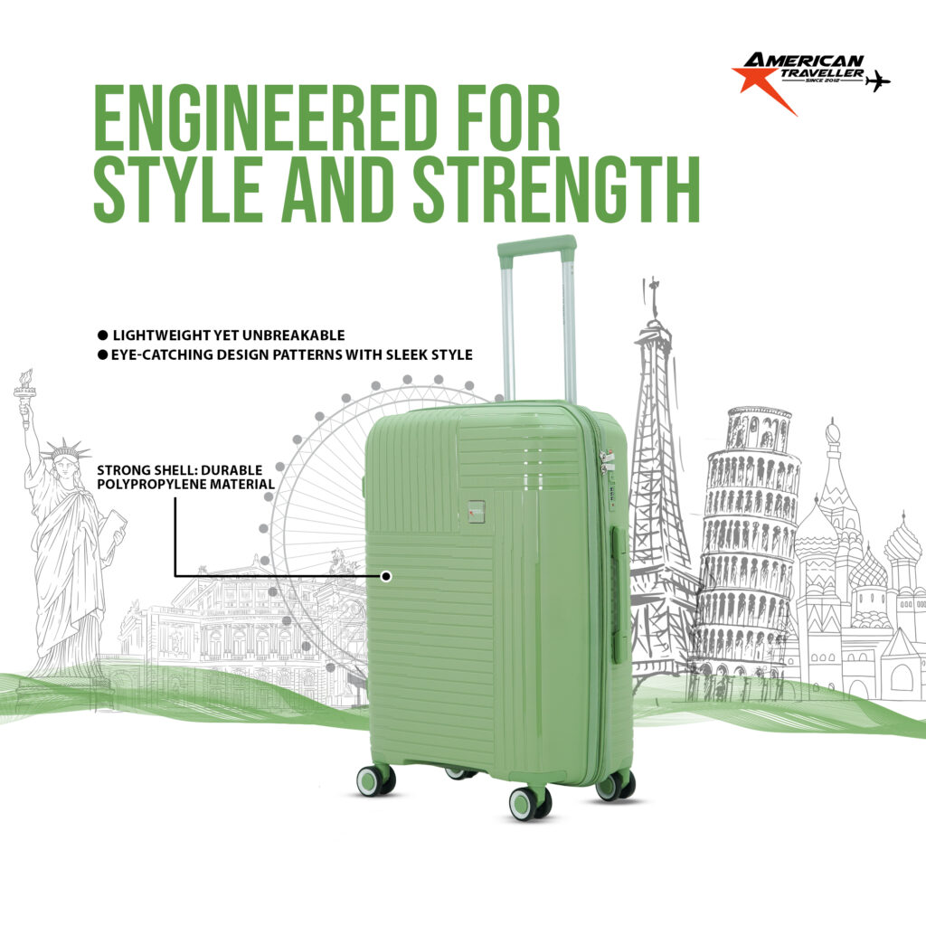 Green hard trolley bag by American Traveller made of durable polypropylene with a lightweight unbreakable shell and stylish design