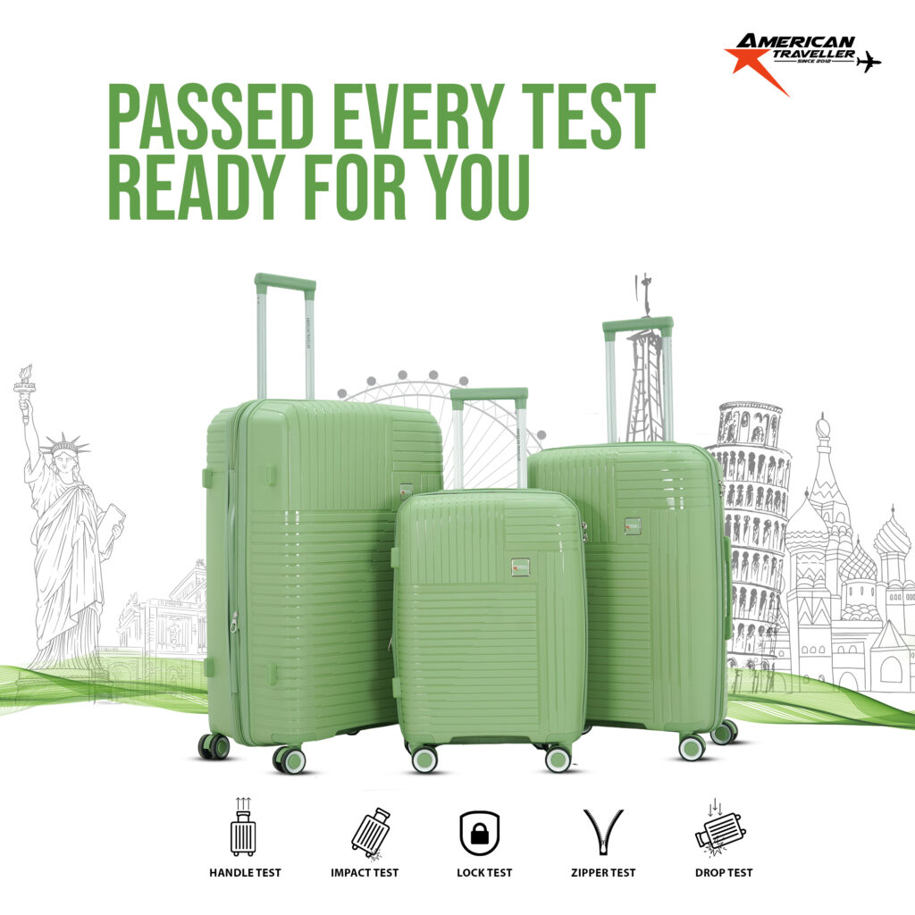Green trolley hard case luggage set from American Traveller, tested for handle strength, impact resistance, locks, zippers, and drop performance