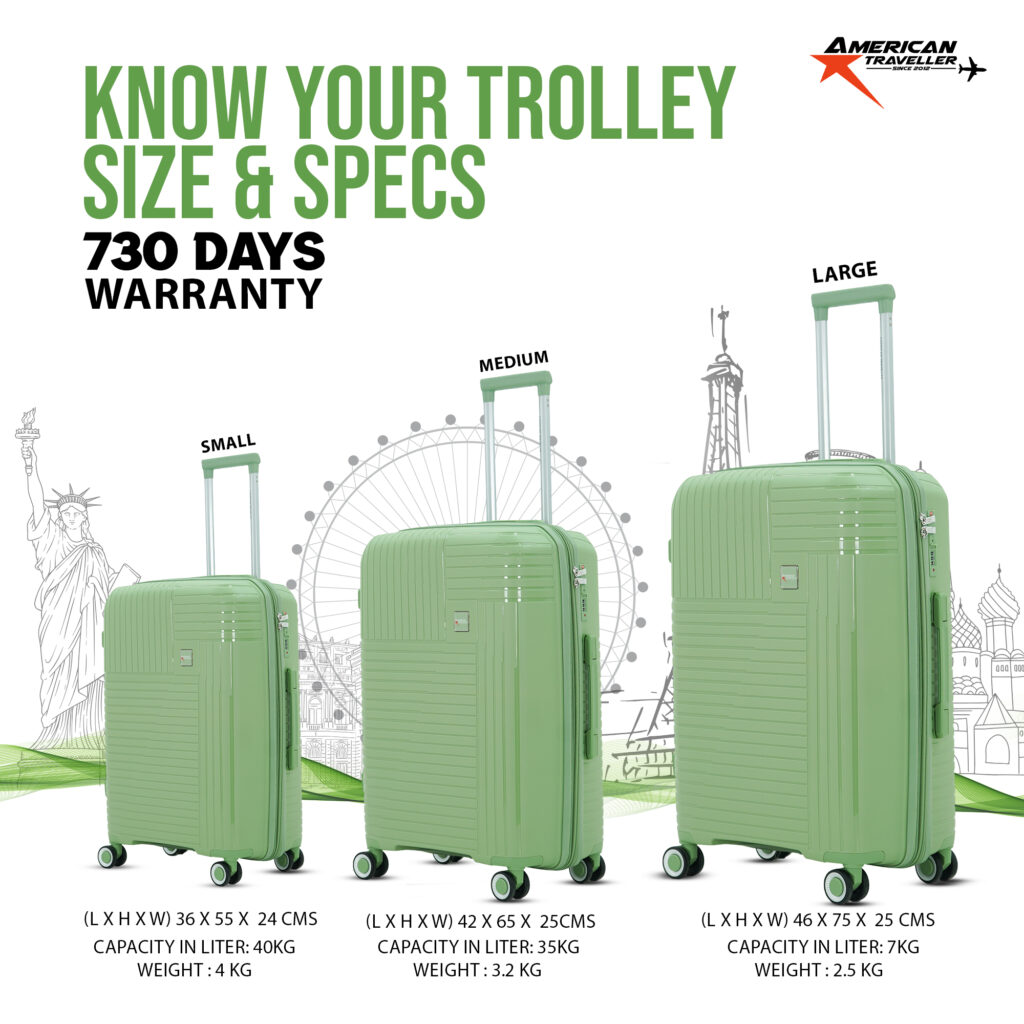 American Traveller green hardcase luggage set showing small, medium, and large trolley sizes with dimensions, weight, capacity, and 730-day warranty