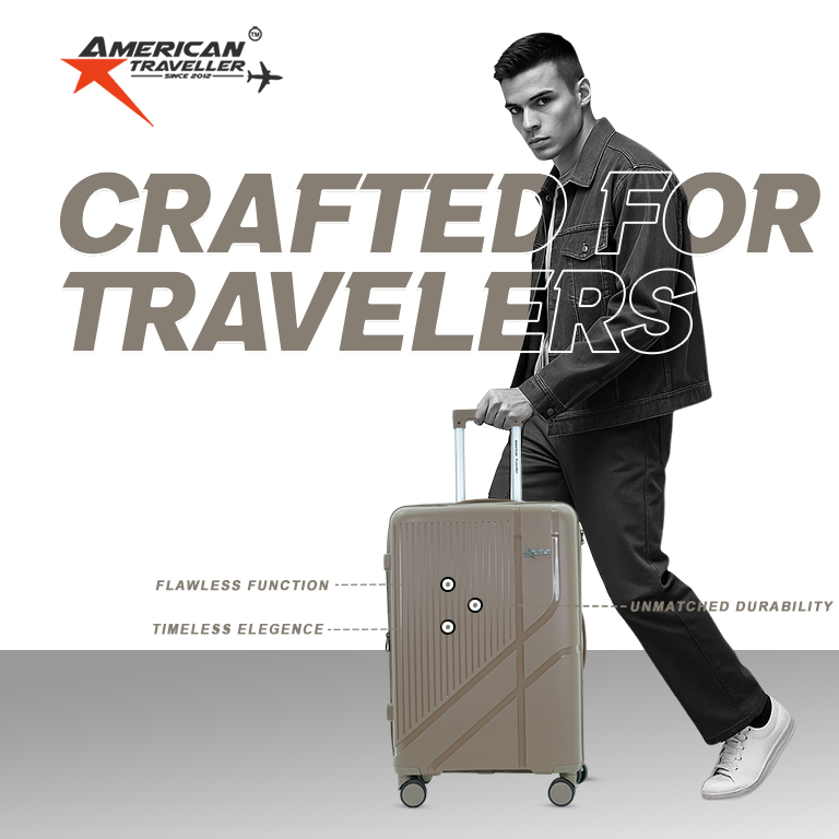 Stylish man pulling American Traveller polypropylene trolley bag with durable wheels and sleek design