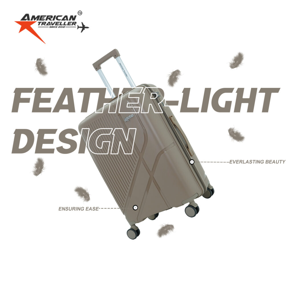 American Traveller hard luggage trolley bag with feather-light design and smooth wheels