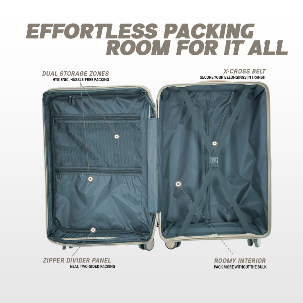 Open hard shell trolley bag with dual storage, zipper divider, X-cross belt, and spacious interior