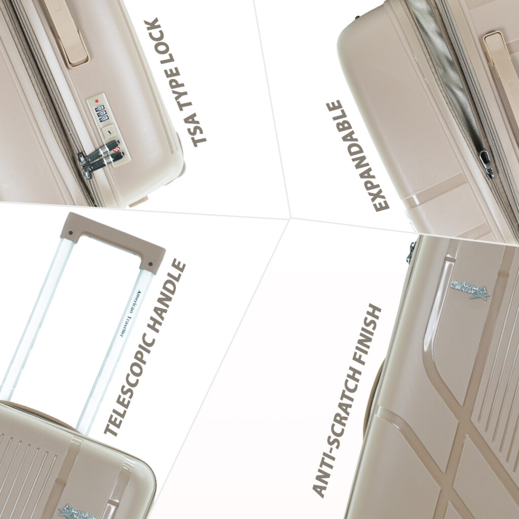 American Traveller hardcase luggage showcasing TSA type lock, expandable zipper, telescopic handle, and anti-scratch finish