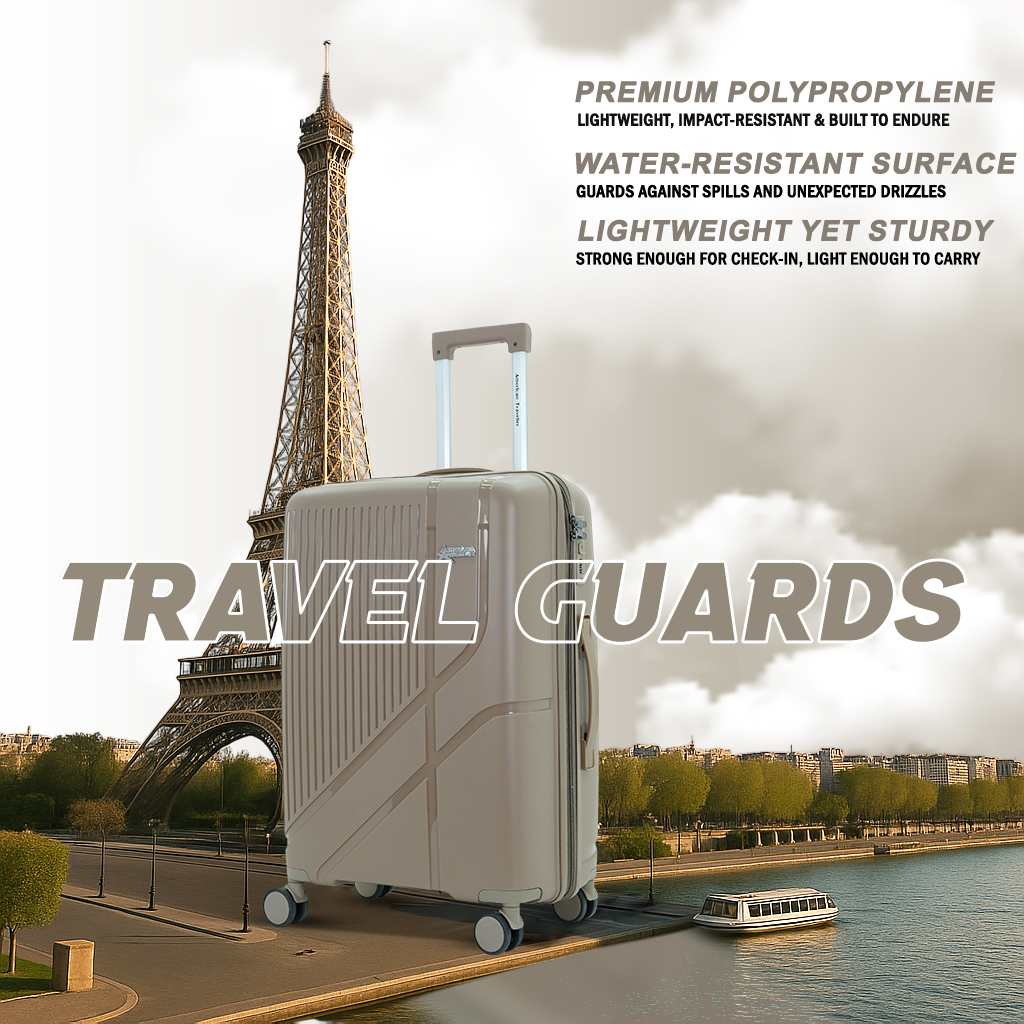 American Traveller hard shell suitcase in Paris with Eiffel Tower in background, showcasing premium polypropylene build and water resistance