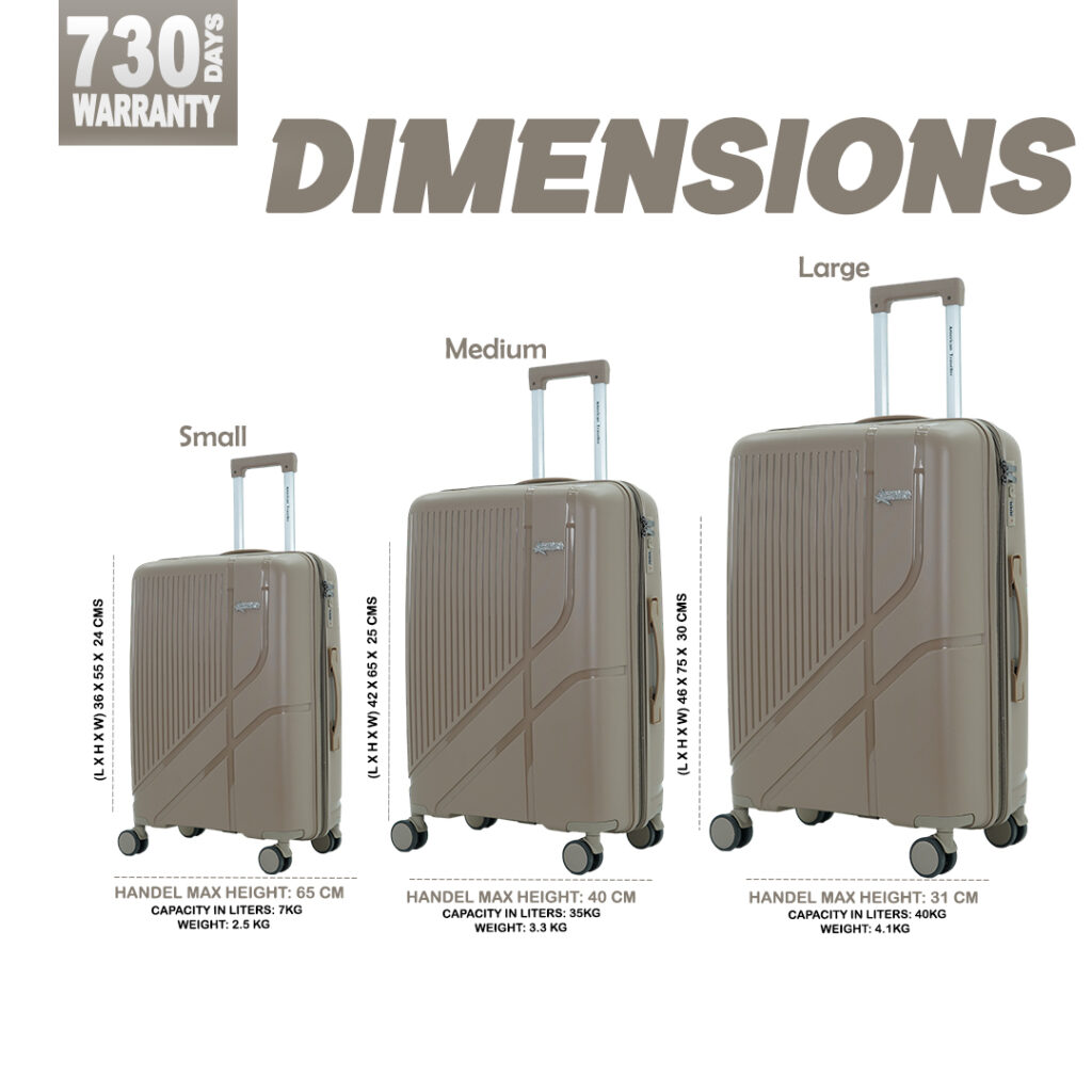 American Traveller hard suitcases in small, medium, and large sizes with dimensions, capacity, weight, and 730-day warranty label