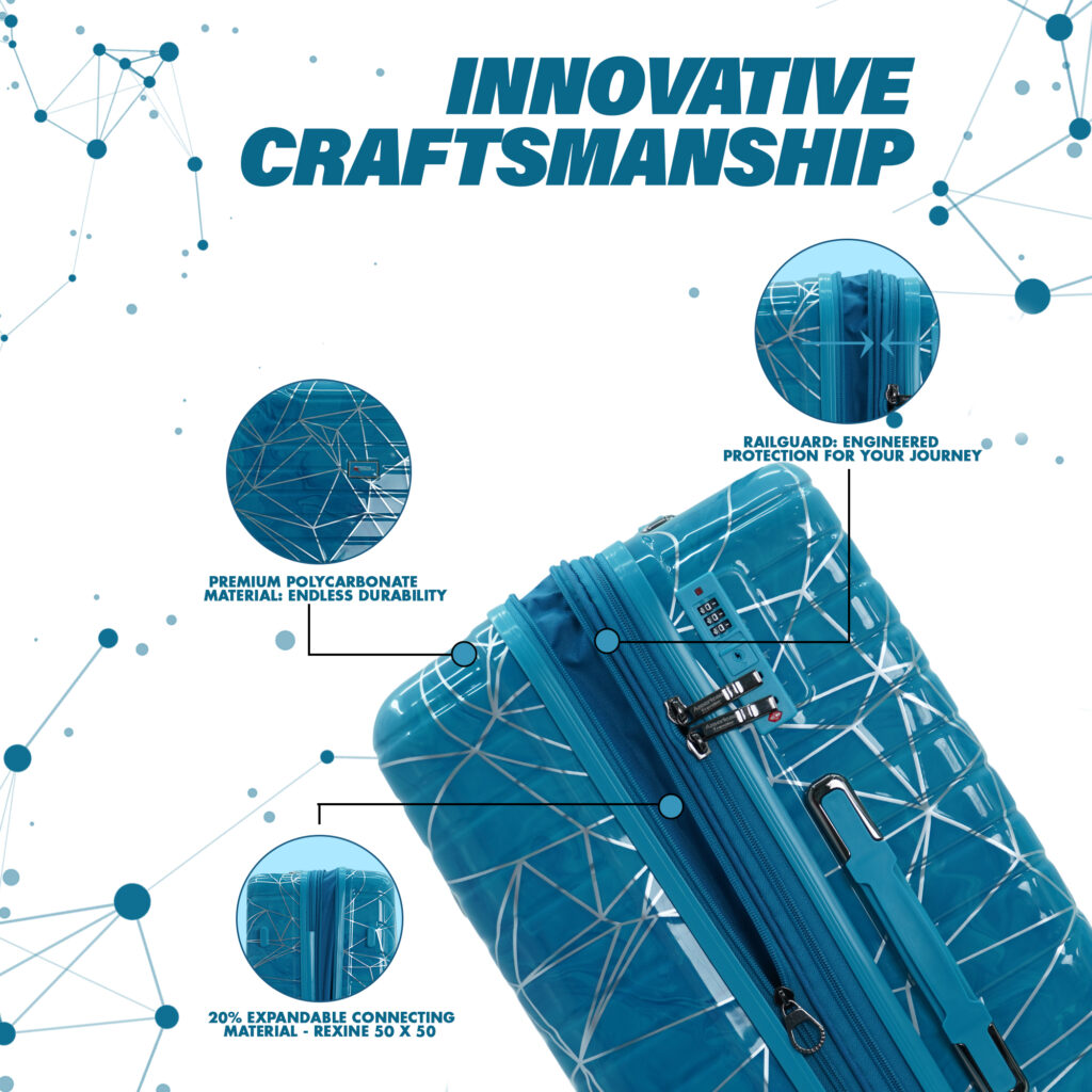 Designer hard case luggage with premium polycarbonate shell, TSA type lock, expandable design, and advanced railguard protection
