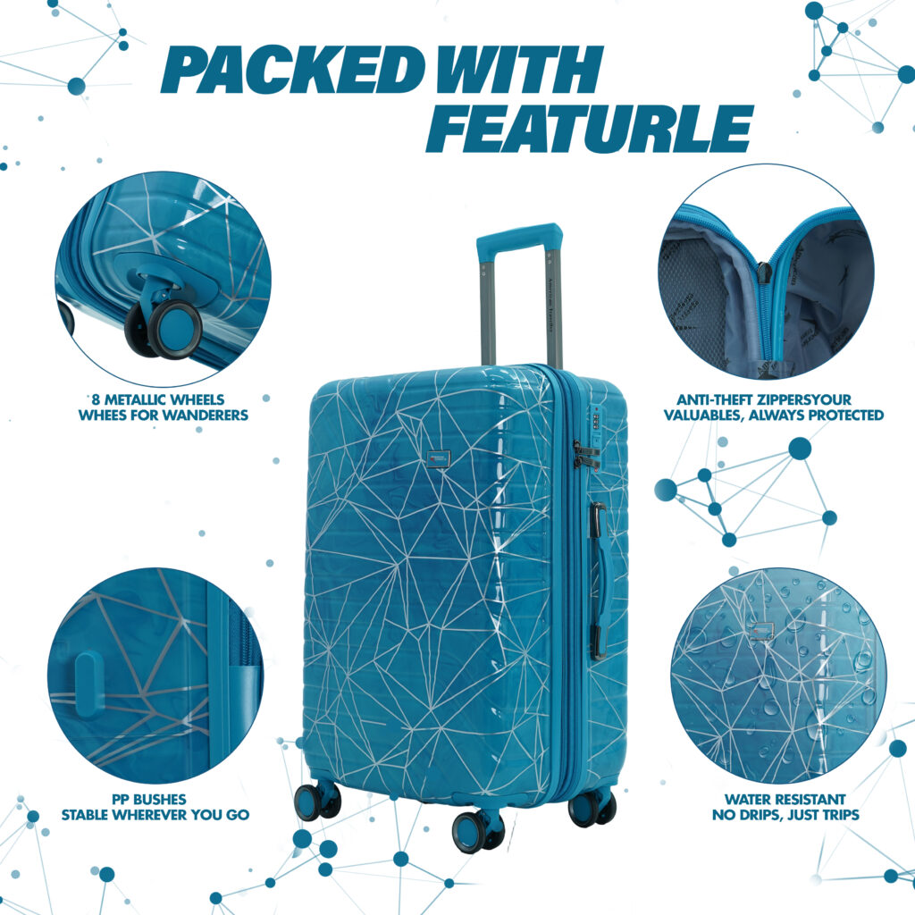 Printed hard shell luggage with 8-wheel design, anti-theft zippers, water-resistant body, and PP side bushes for extra stability