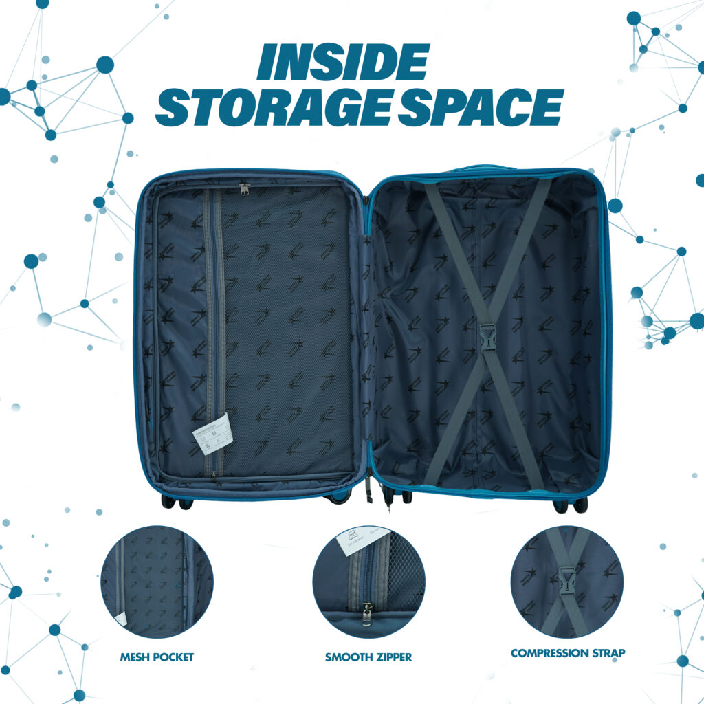 Top designer luggage interior view with organized compartments, mesh pocket, smooth zipper, and compression straps
