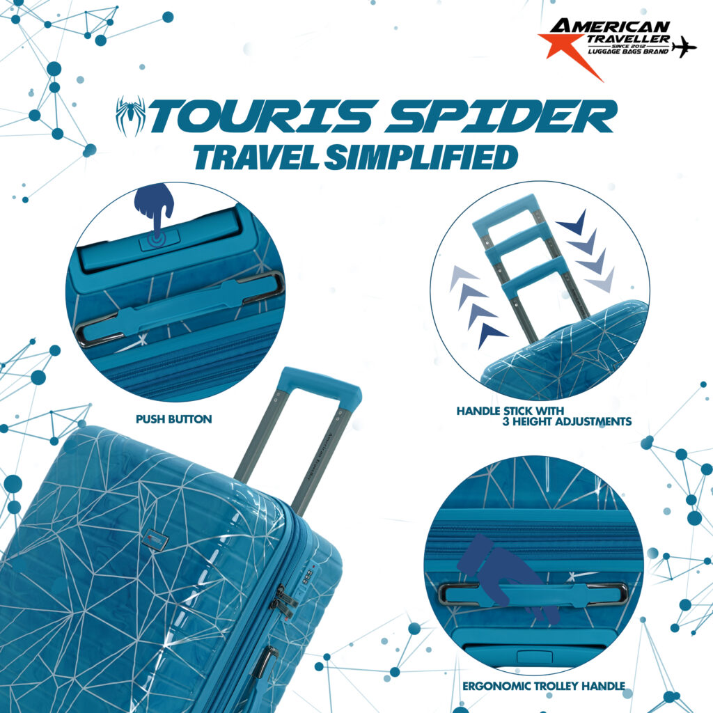 Hard shell luggage designer trolley with ergonomic handle, 3-level height adjustment, and smooth push-button release