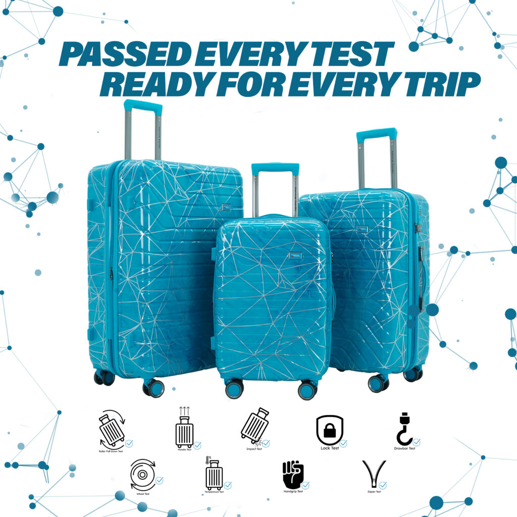 Printed hard luggage set of 3 in blue with durability icons showing passed quality tests like drop, lock, wheel, and handle