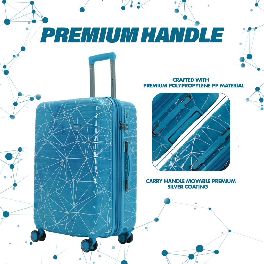 Printed hard trolley bag with premium handle, crafted from PP material and finished with silver-coated movable grip