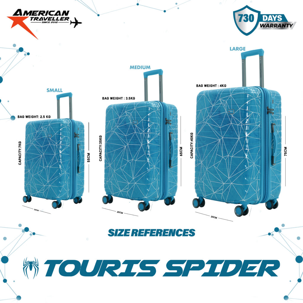 Printed hard luggage bag set with size reference showing small, medium, and large trolleys including weight and capacity details
