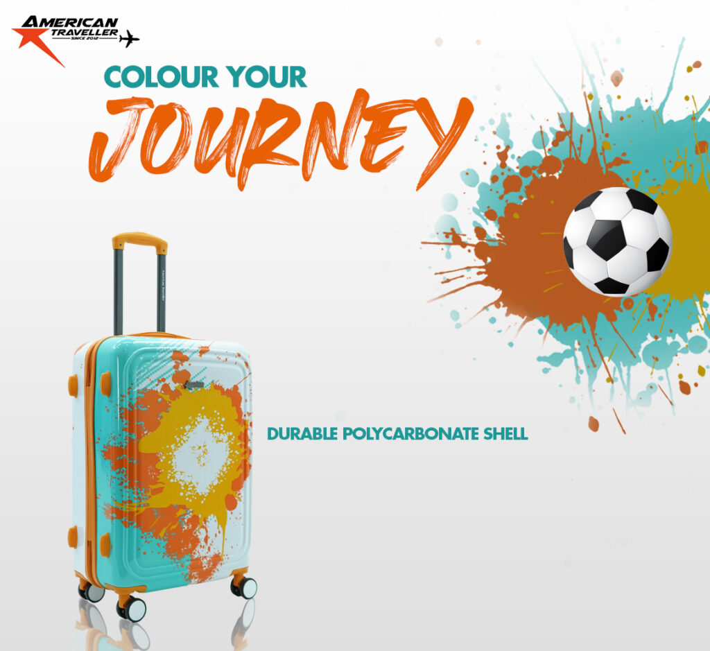 Color splash printed hardside luggage with durable polycarbonate shell and football-themed design by American Traveller