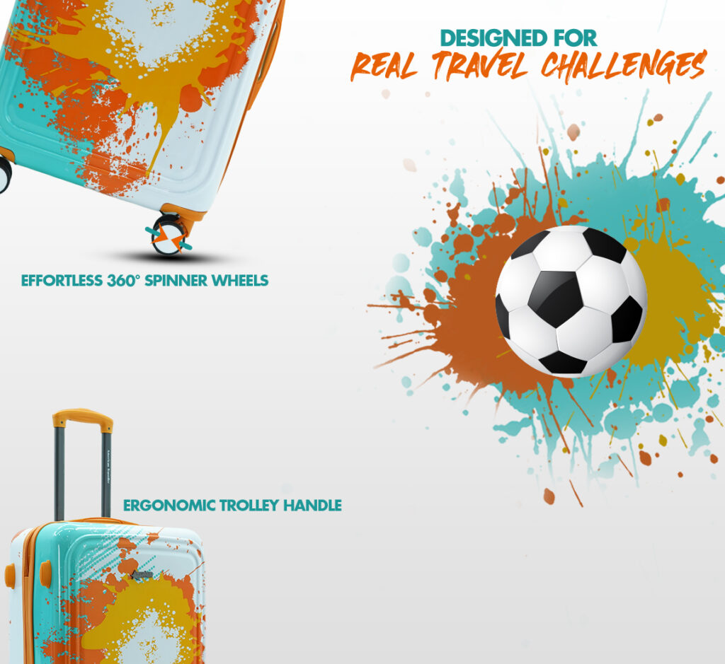 Printed hard shell luggage with splash paint design featuring 360° spinner wheels and ergonomic trolley handle, designed for real travel challenges
