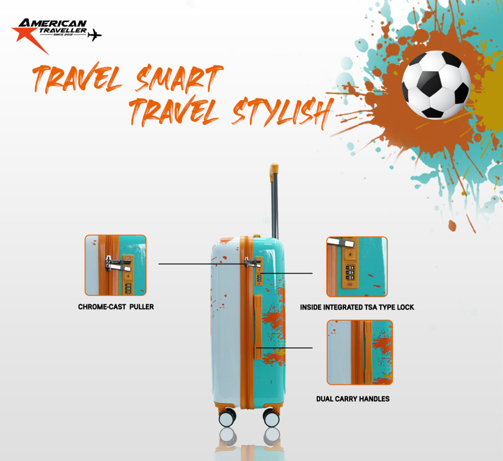 Designer hard shell luggage with integrated TSA TYPE lock, dual carry handles, and chrome-cast puller in a splash-print design from American Traveller