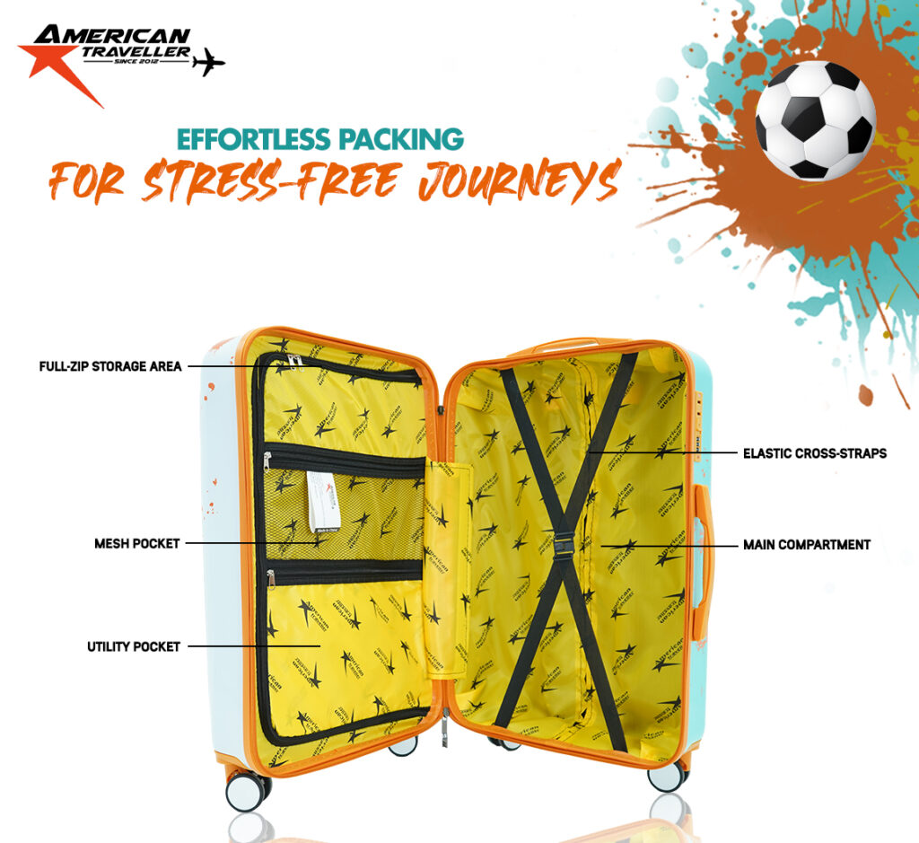 Printed hard luggage with open interior showing organized compartments, cross-straps, and full-zip storage by American Traveller