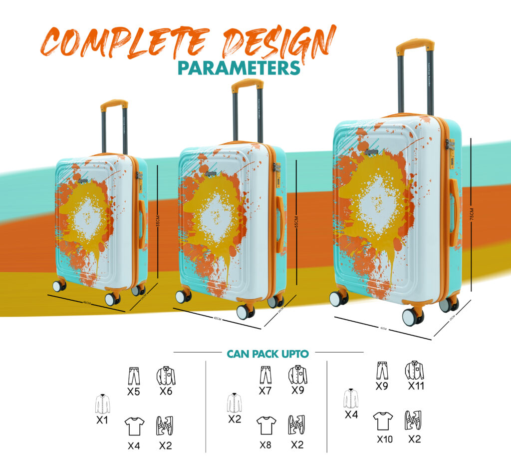 Printed hard luggage bag in three sizes with splash-paint design, showing dimensions and packing capacity for clothes, shirts, and accessories