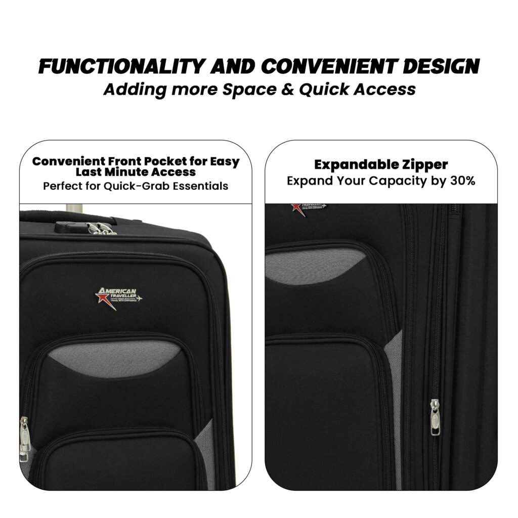 Pocket and Expandable Zip Spec of Black Touissem Bossed Suitcase from American Traveller Trolley Bag in India