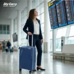 Lady Executive standing in airport with Deep Indigo Vanxx from American Traveller Trolley Bags India
