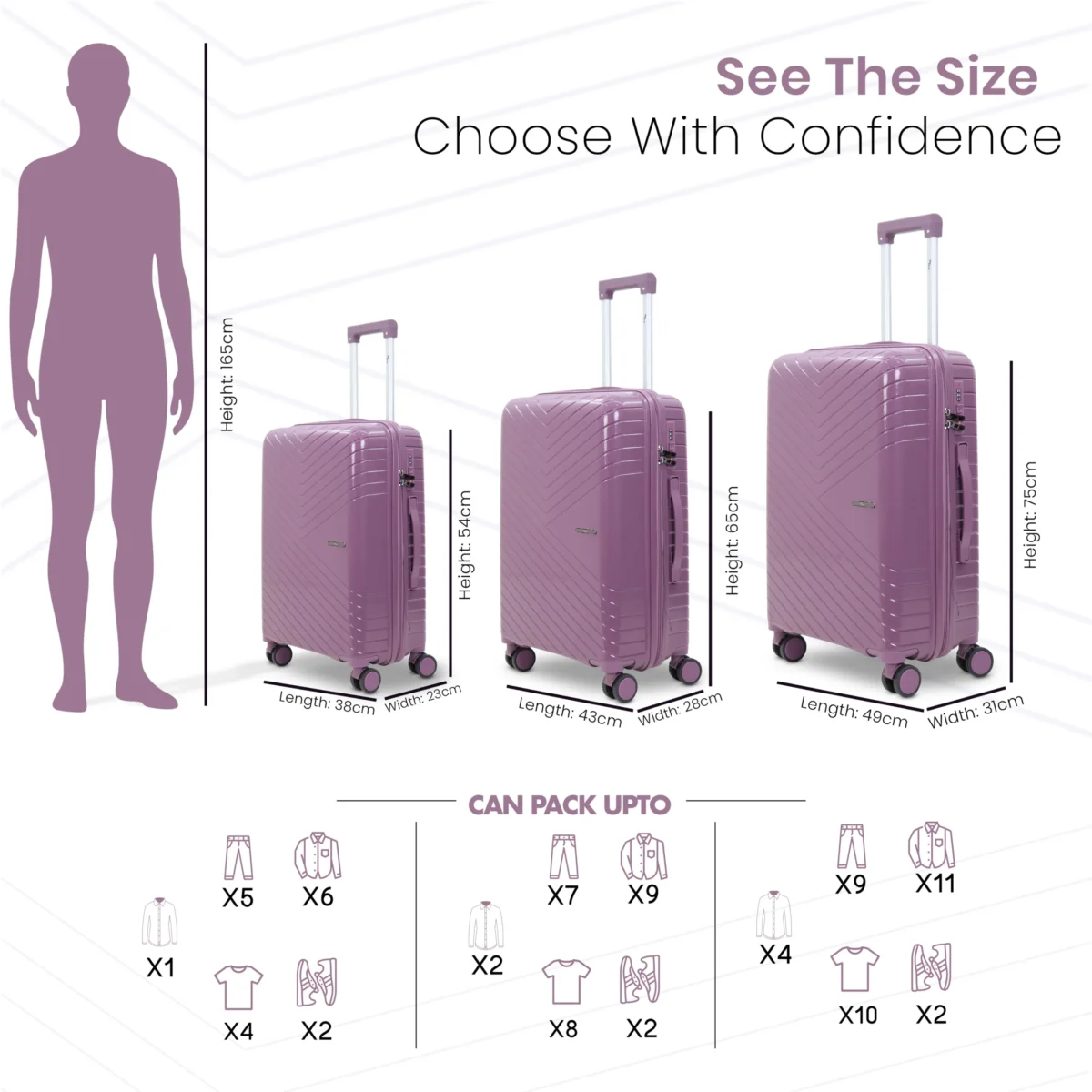 Trolley Set Size Comparison of Lavender Violet Specta from American Traveller Trolley Bags India