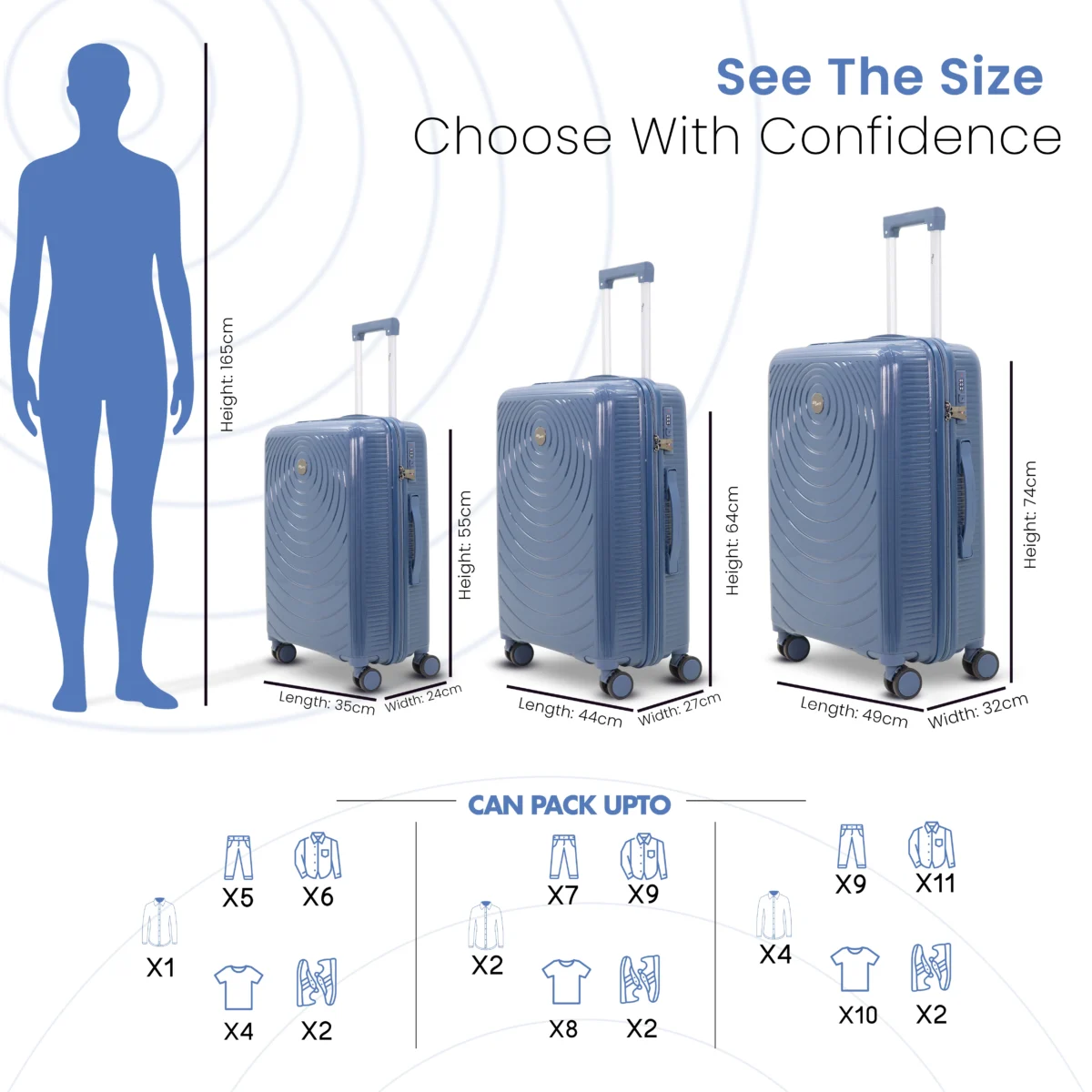 Size Comparison of Orbital Deep Indigo from American Travller Trolley Bag in India
