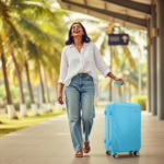 Female Walking with Blue Panther Suitcase by American Traveller Trolley Bag in India