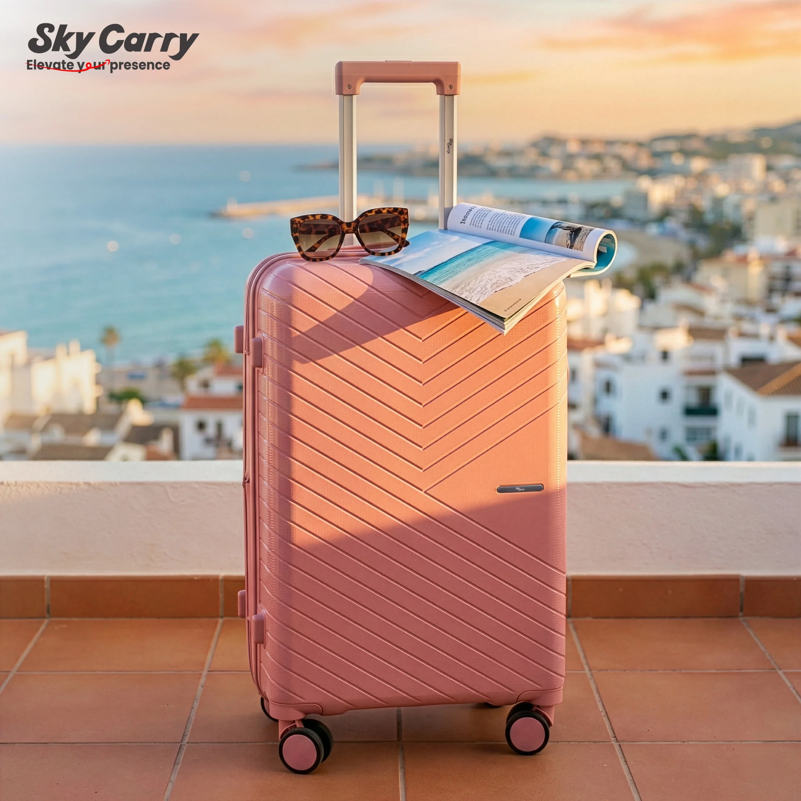 Specta pink in balcony of a building near seashore from American Traveller Trolley Bags in India